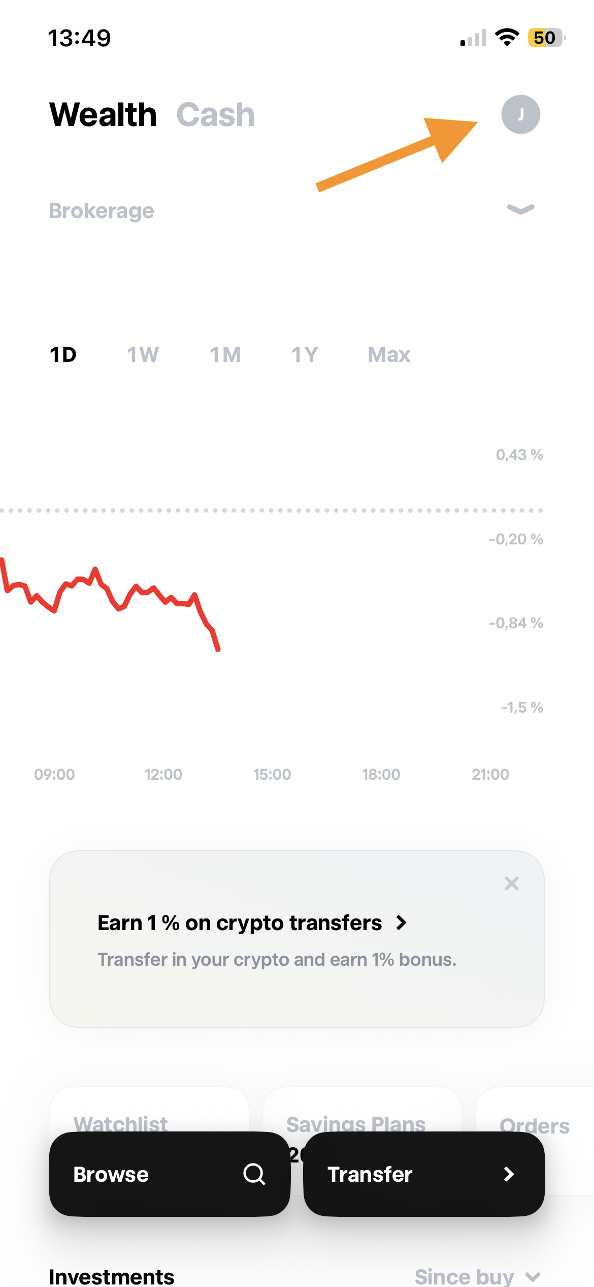 Trade Republic Wealth-Ansicht mit markiertem Profilbutton oben rechts