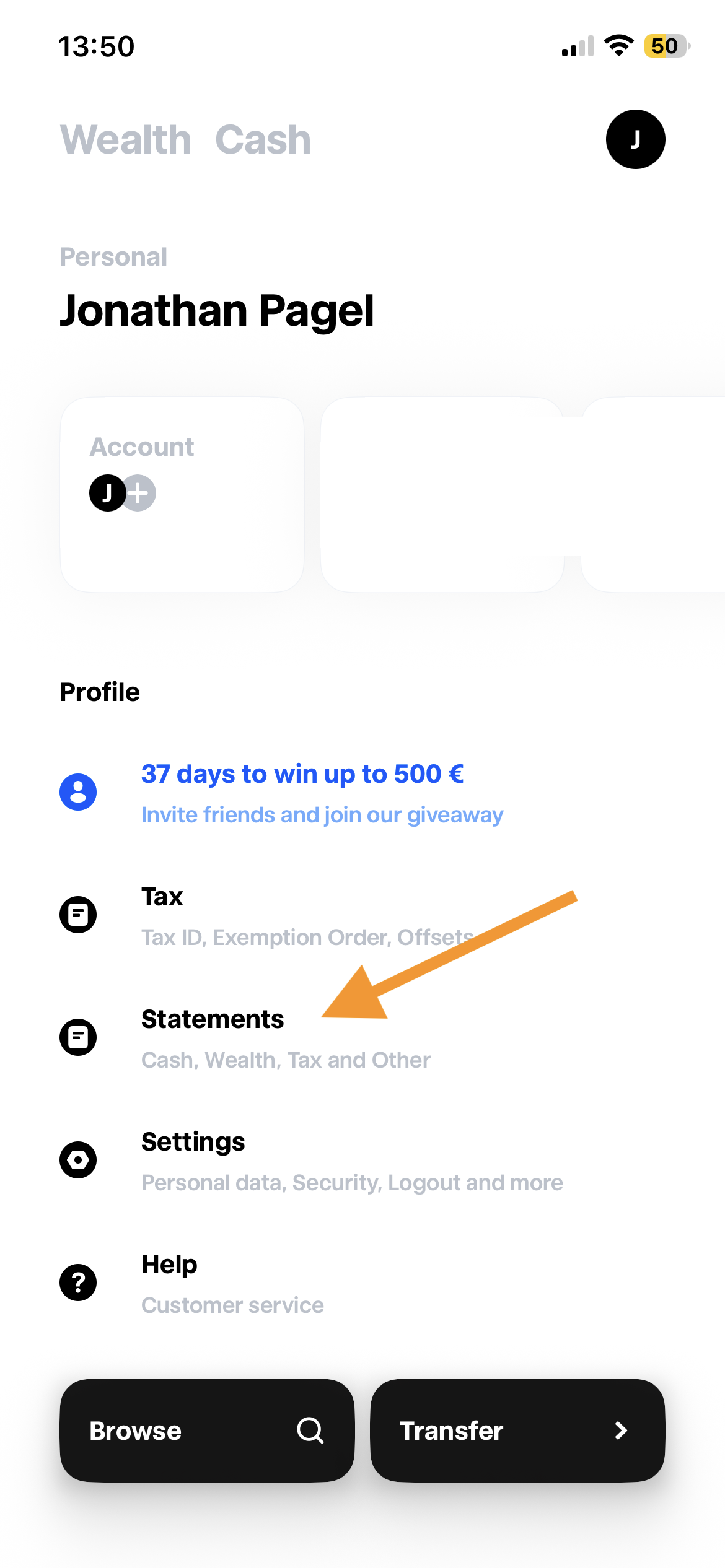 Profilübersicht in der Trade Republic App mit markiertem Menüpunkt Statements