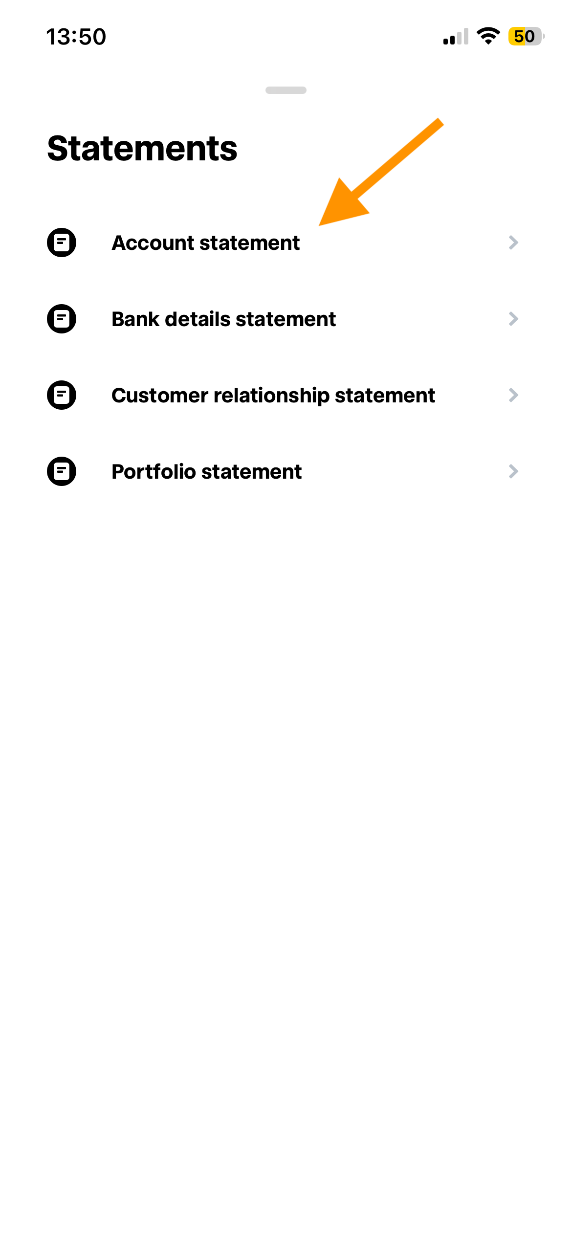 Statements-Übersicht in der Trade Republic App mit hervorgehobenem Eintrag Account statement